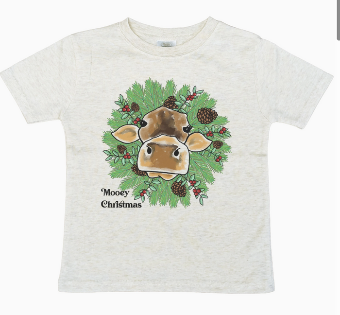 mooey christmas tee for kids cow and wreath 
