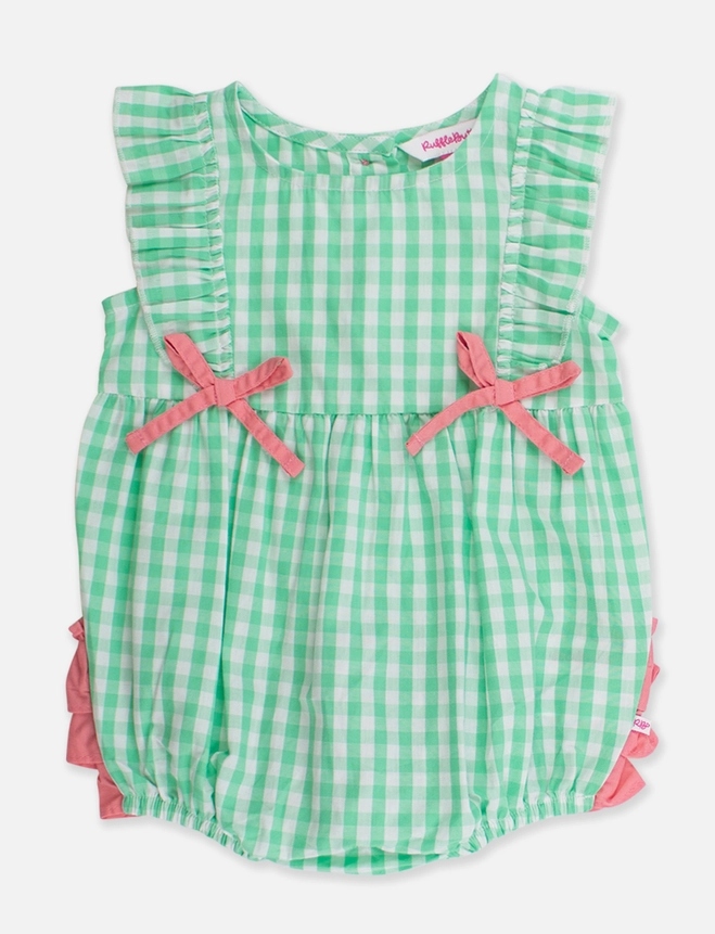 Green and white checkered romper with pink accents on a white background