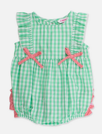 Green and white checkered romper with pink accents on a white background