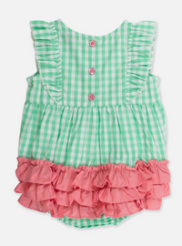 Green and pink checkered baby dress with ruffles on a white background