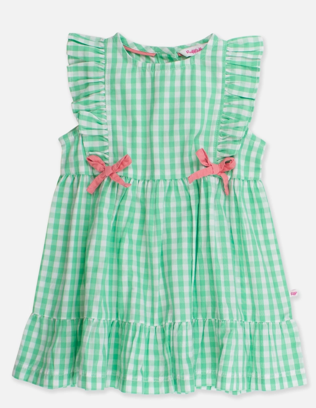 Green and white checkered dress with pink bows on a white background rufflebutts 
