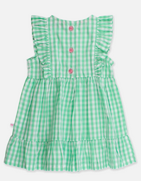 Green and white checkered dress with ruffled sleeves on a white background rufflebutts 
