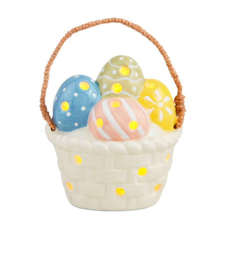 Decorative Easter basket with colorful eggs on a white background mud pie light up sitter 