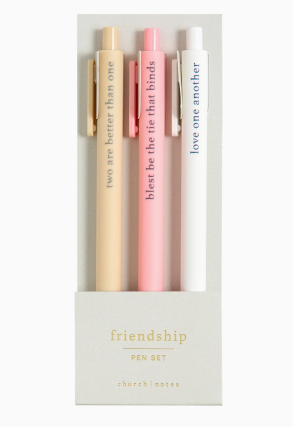 Set of three pens in a box with inspirational quotes, labeled 'friendship' pen set.