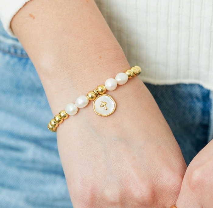 cross and pearl stretch bracelet splendid iris 
