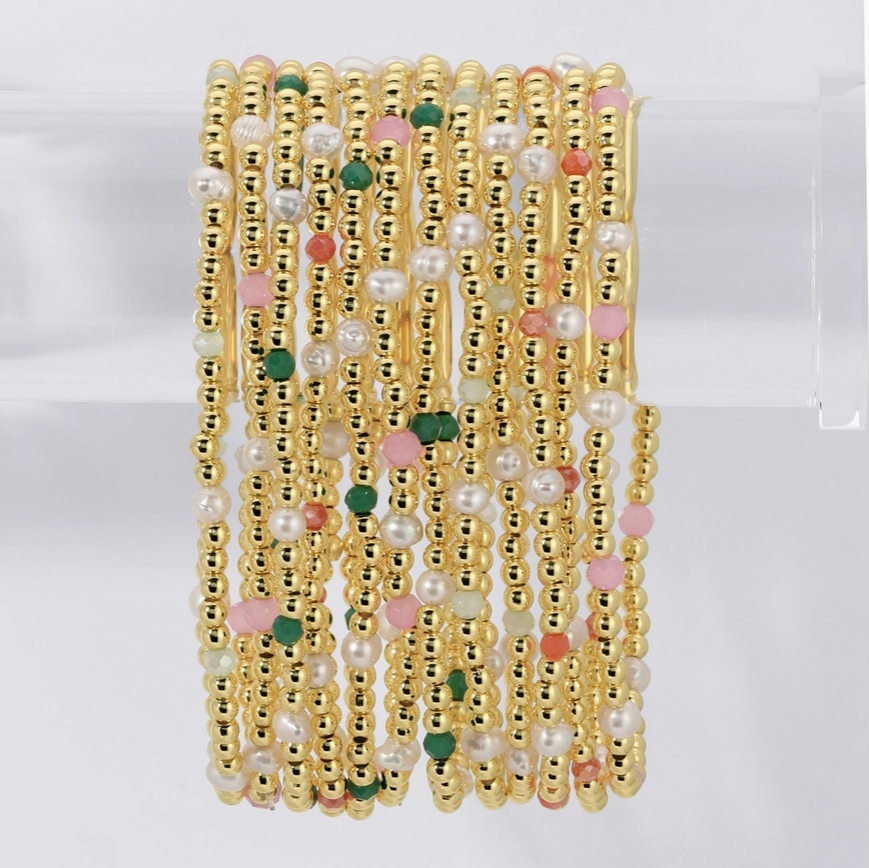 colorful pink green and coral colored beads and pearls stretch bracelet 