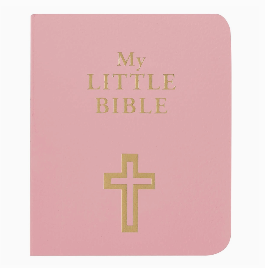 Pink children's Bible with gold text and cross symbol on a white background