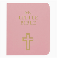 Pink children's Bible with gold text and cross symbol on a white background