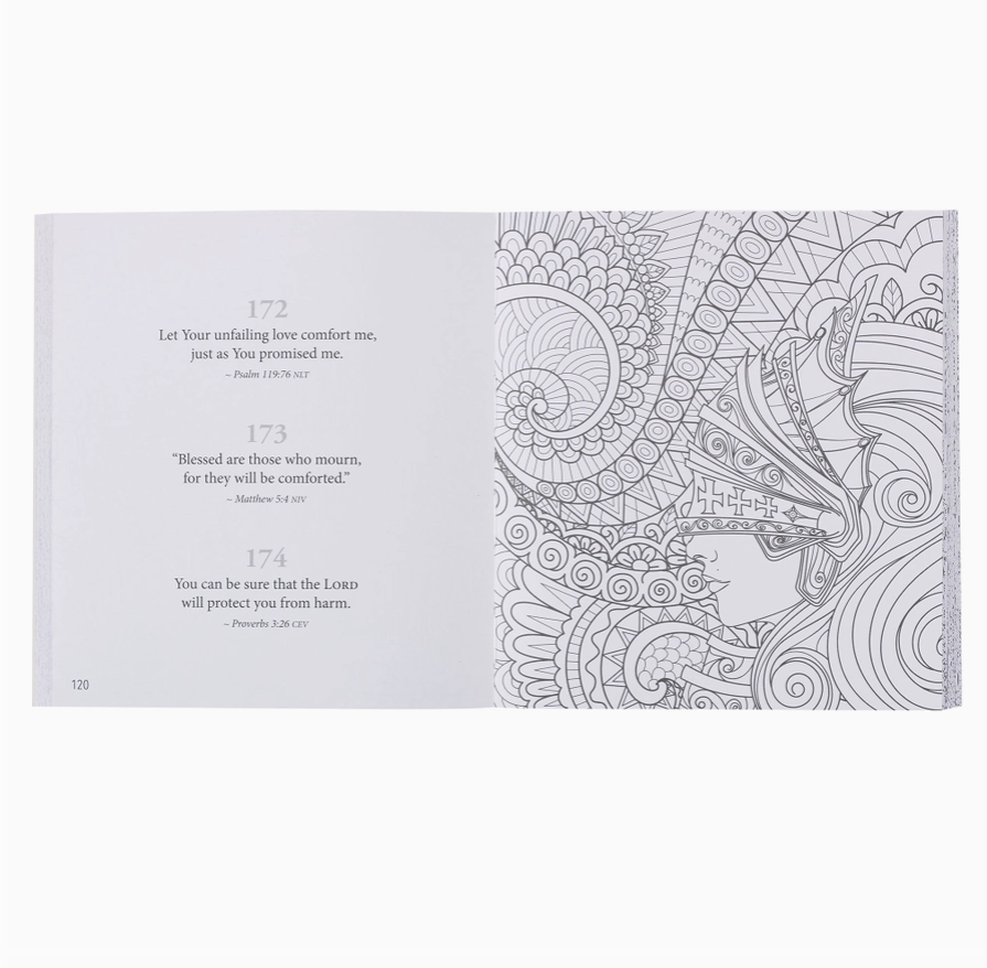 Page from a coloring book with intricate designs and Bible verses on a white background