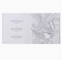 Page from a coloring book with intricate designs and Bible verses on a white background