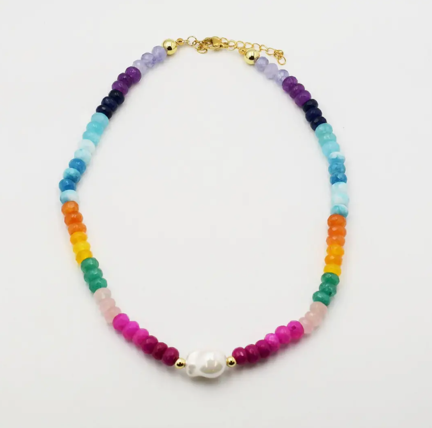 Colorful beaded necklace with a gold clasp on a white background