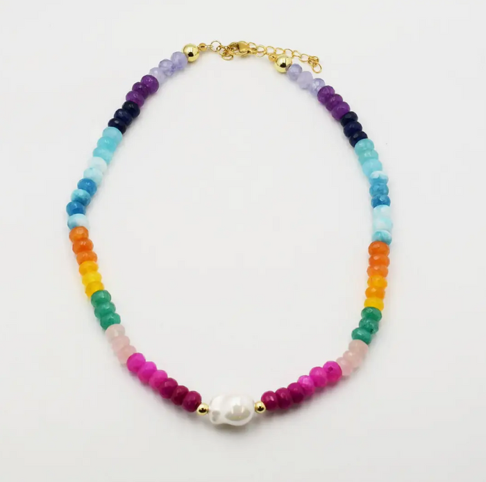 Colorful beaded necklace with a gold clasp on a white background