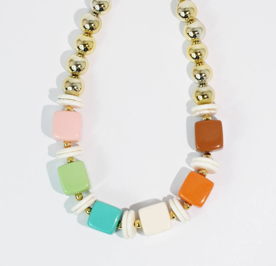 colorful beaded necklace with gold beads 