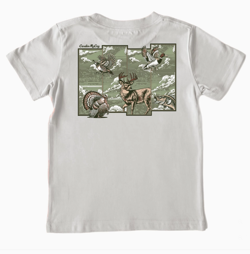 A light gray short-sleeve t-shirt with a vintage-style graphic print on the front featuring a deer, turkey, duck, and squirrel in muted green, brown, and white tones.