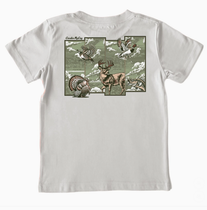 A light gray short-sleeve t-shirt with a vintage-style graphic print on the front featuring a deer, turkey, duck, and squirrel in muted green, brown, and white tones.