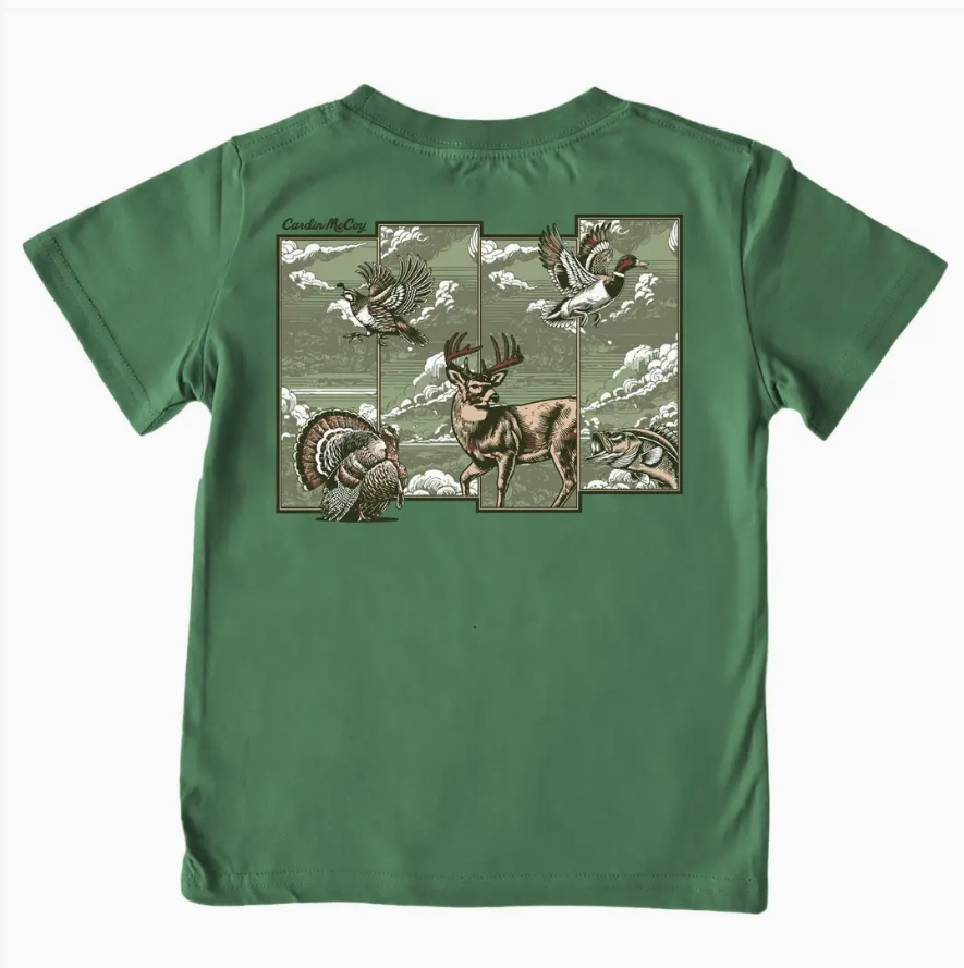 A green short-sleeve t-shirt with a large rectangular graphic print on the back featuring hunting animals like a deer, turkey, and ducks in a vintage style.