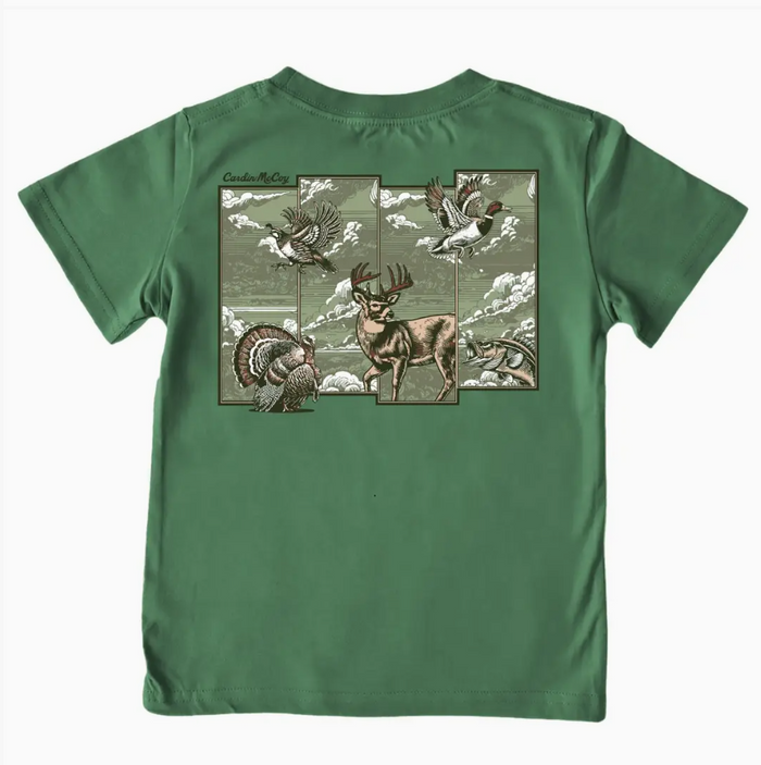 A green short-sleeve t-shirt with a large rectangular graphic print on the back featuring hunting animals like a deer, turkey, and ducks in a vintage style.