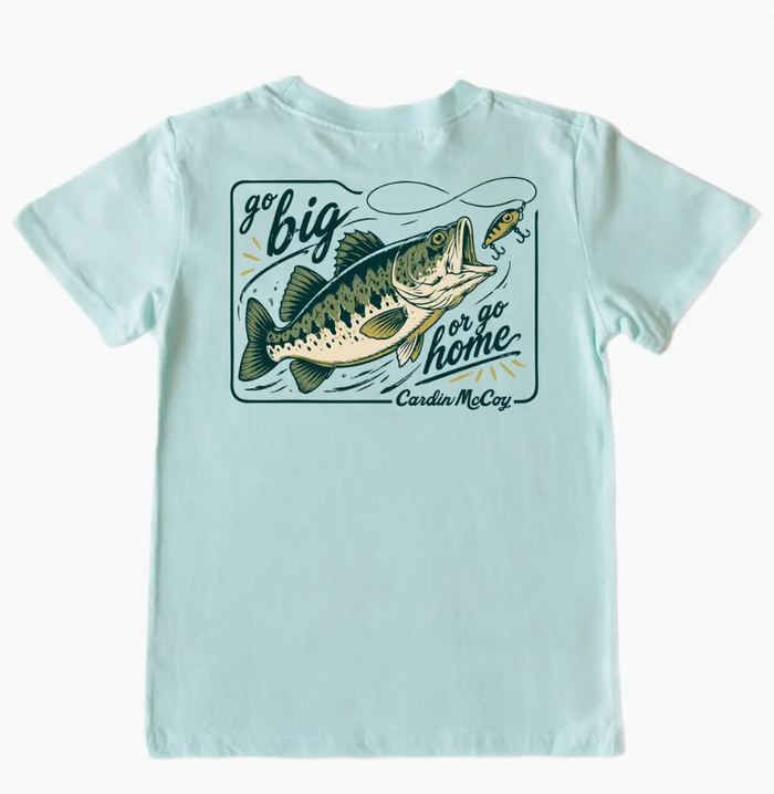 A light blue short-sleeve t-shirt shown from the back, featuring a large graphic print of a largemouth bass fishing for a lure with the text 'go big or go home' and 'Cardin McCoy' printed below.