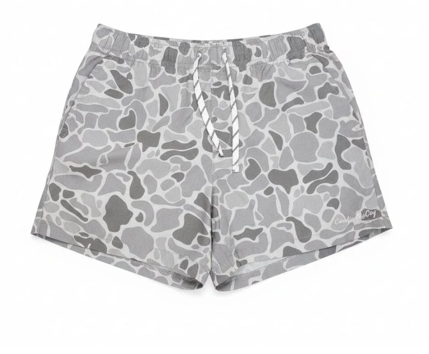 Gray and white camouflage print swim shorts with a white and gray striped drawstring, shown flat on a white background.
