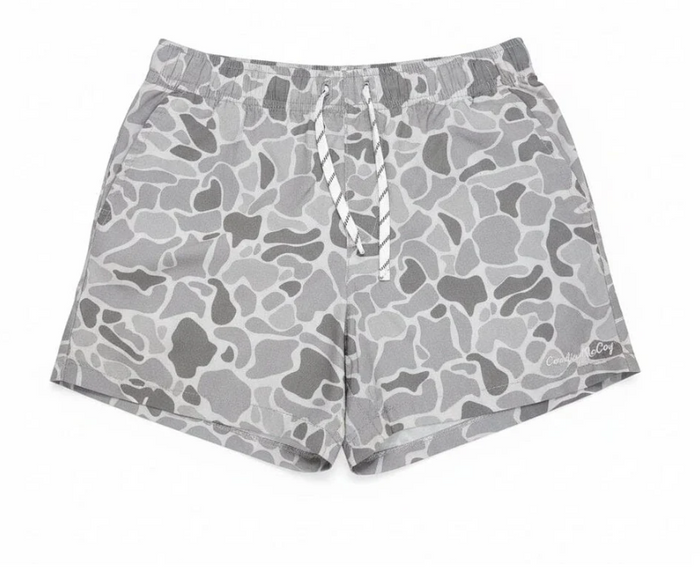 Gray and white camouflage print swim shorts with a white and gray striped drawstring, shown flat on a white background.