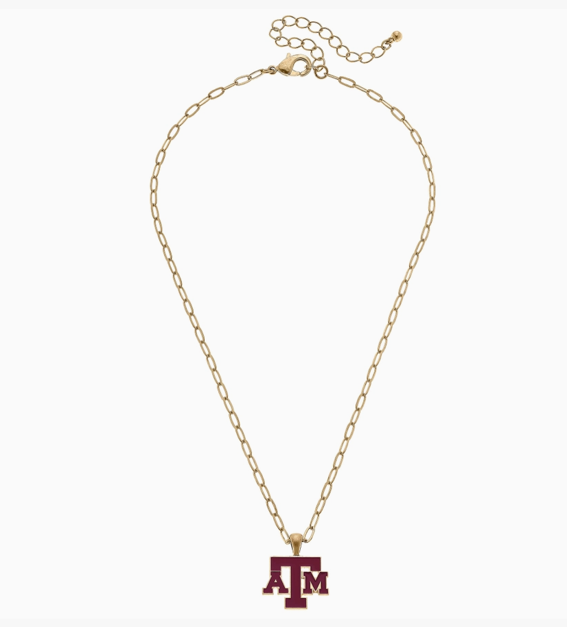 A gold chain necklace featuring a maroon Texas A&M 'A&M' logo pendant, displayed against a plain white background.