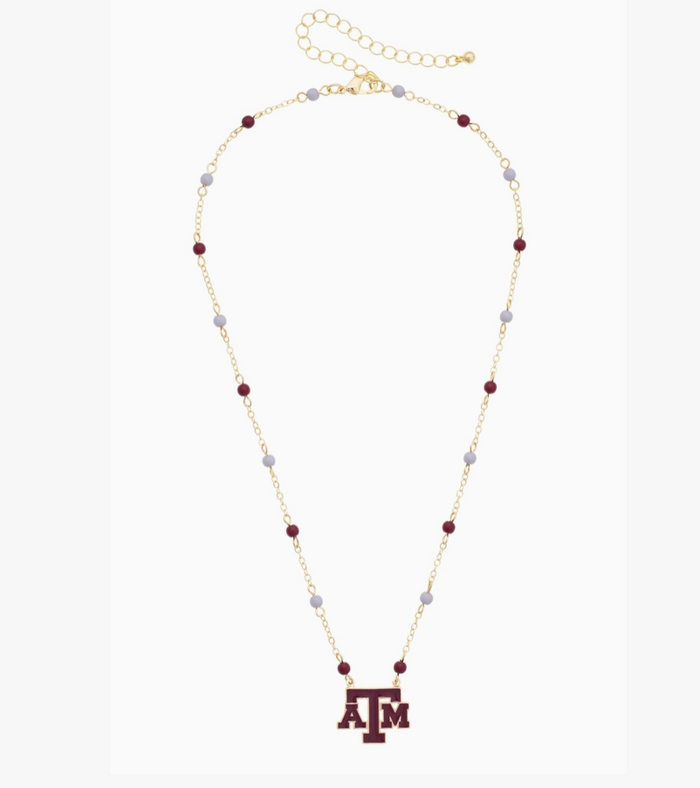 A gold chain necklace featuring maroon and light gray beads, with a maroon Texas A&M 'A&M' logo pendant at the center, displayed on a clean white background.