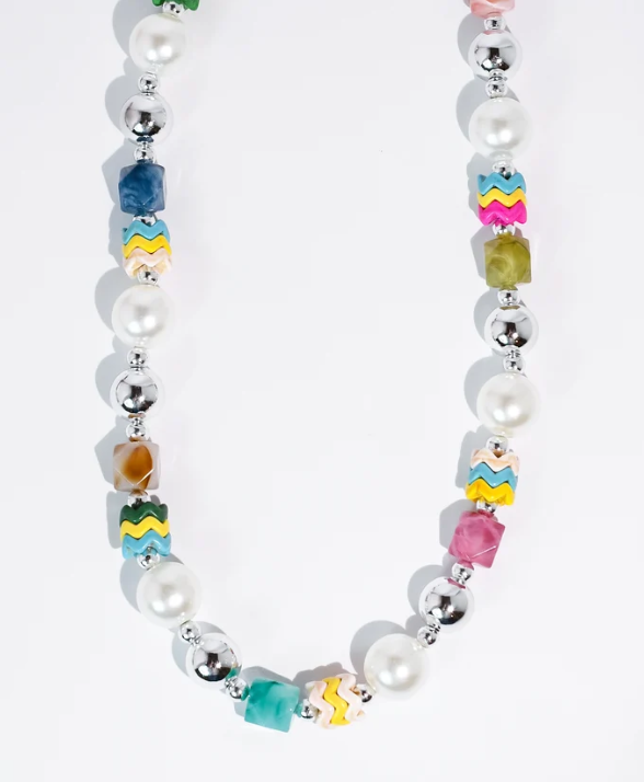 silver pearl and colorful beaded necklace 