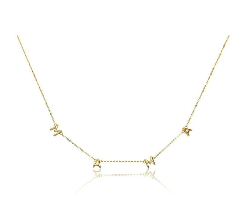A delicate gold chain necklace featuring three small letter 'M' charms spaced along the chain, displayed on a clean white background with a soft reflection below.