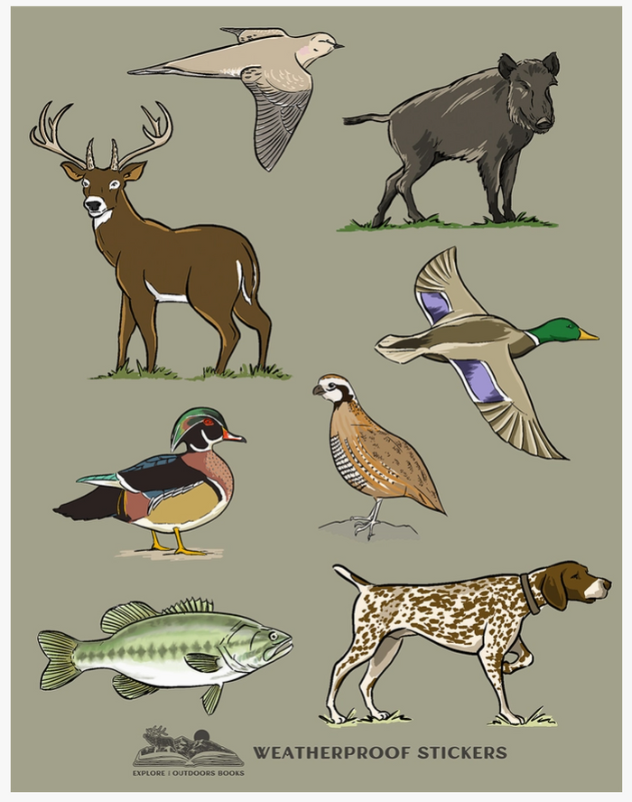 A sheet of weatherproof hunting stickers featuring illustrated wildlife, including a deer, wild turkey, bison, ducks, a pheasant, a fish, and a dog, on a muted olive background with the text 'WEATHERPROOF STICKERS' and 'EXPLORER / HUNTING STICKERS' at the bottom.