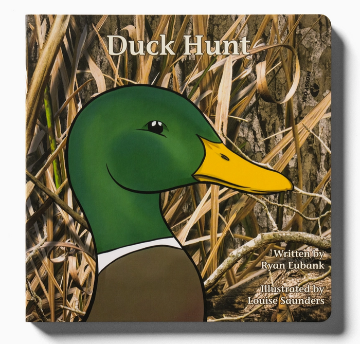 A children's board book titled 'Duck Hunt' featuring an illustrated mallard duck in front of a marsh grass camouflage background. The book is photographed at a slight angle with a drop shadow on a white background.