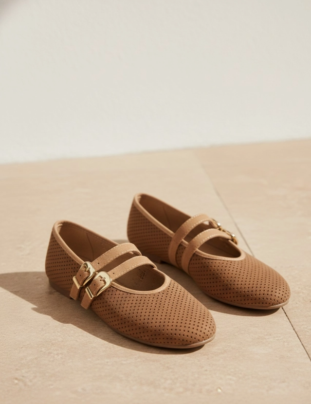 A pair of tan perforated Mary Jane flats with double straps and gold-tone buckle details, displayed on a light beige tiled floor against a neutral wall.