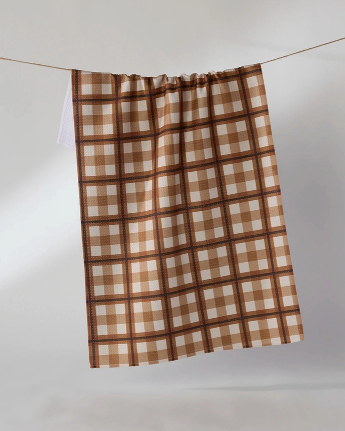 geometry tea towel rich cocoa checkered brown 