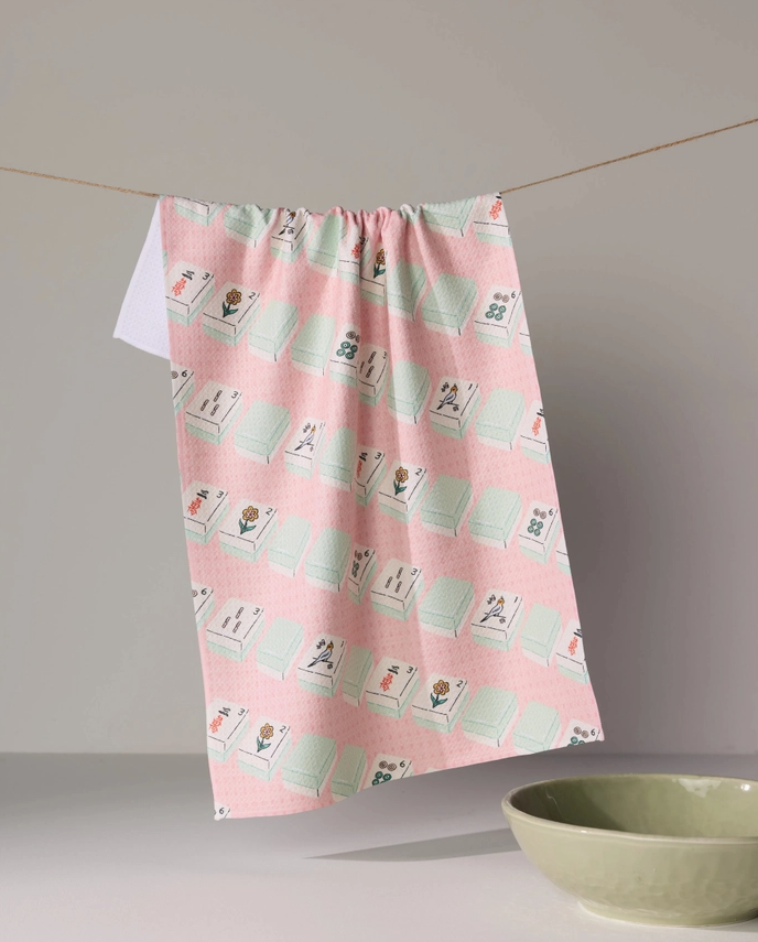 geometry pink mahjong dishtowel 