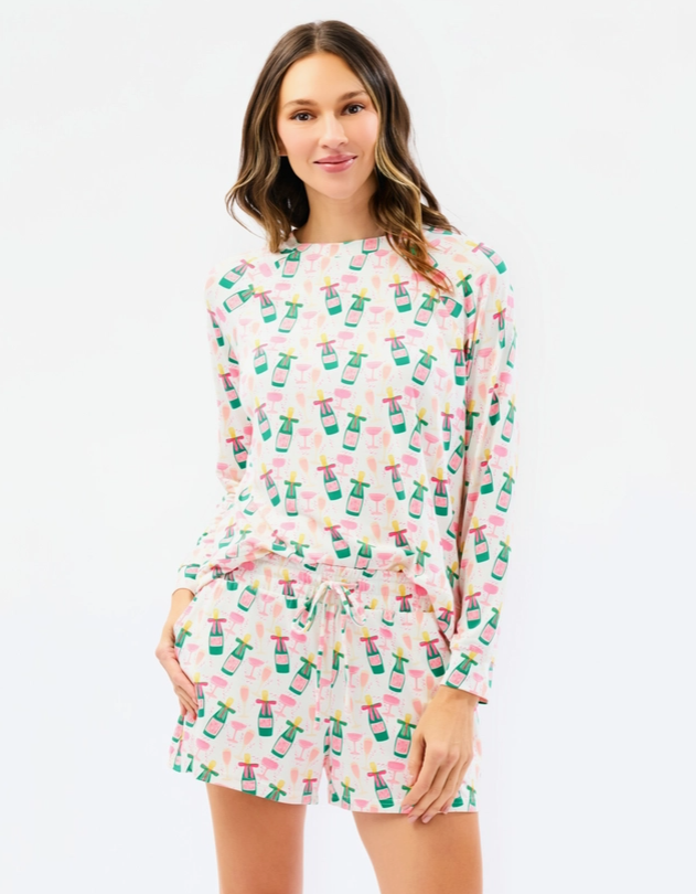 mary square pajama set with champagne print shorts and long sleeves 