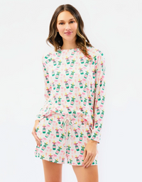 mary square pajama set with champagne print shorts and long sleeves 
