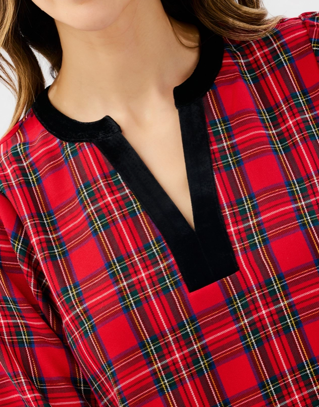 upclose with traditional red plaid dress and black velvet collar details 