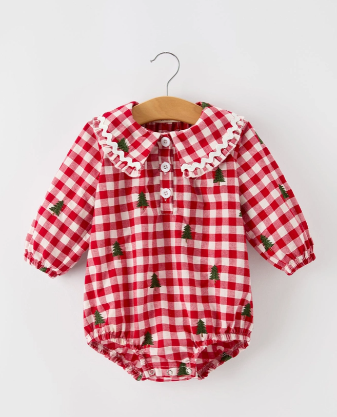 red and white checkered christmas romper for little girls 
with tree embroidery details 