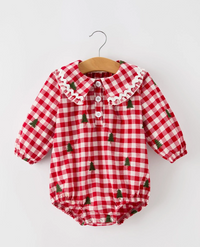 red and white checkered christmas romper for little girls 
with tree embroidery details 