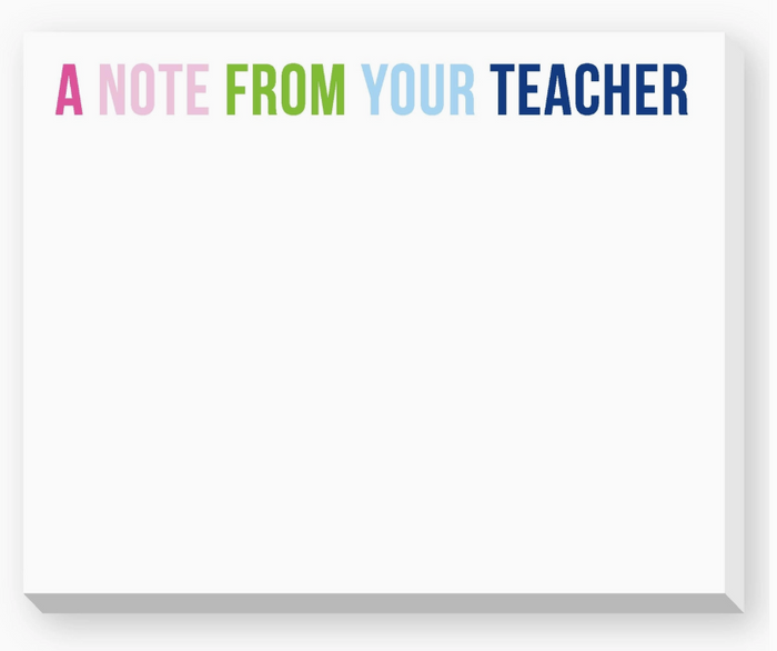 Notepad with 'A Note from Your Teacher' text in colorful letters on a white background