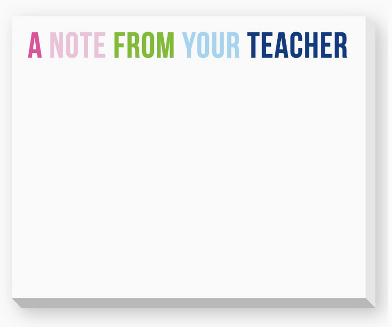 Notepad with 'A Note from Your Teacher' text in colorful letters on a white background