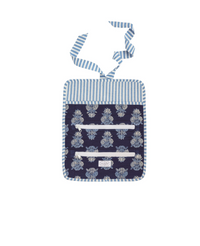 Small pouch with floral pattern and blue and white checkered strap on a white background