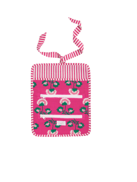 block print pink jewelry roll up case 