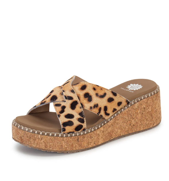 Leopard print wedge sandal on a white background yellowbox
