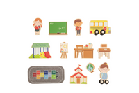 A set of school-themed wooden toys featuring illustrations of children, a chalkboard, a yellow school bus, a playground, an easel, desks, a globe, a schoolhouse, and a number board, arranged on a plain white background.