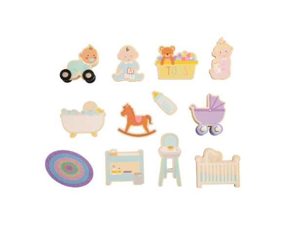 A set of small pastel-colored toy and baby-themed pieces arranged on a plain white background, including a rocking horse, baby car, bathtub, stroller, crib, high chair, and round rug.