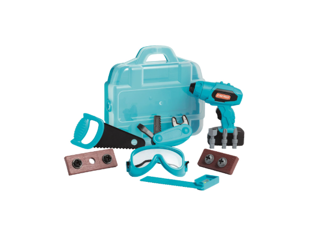 A toy power tools set with a translucent aqua carrying case, toy drill, toy saw, goggles, and accessories on a plain white background.