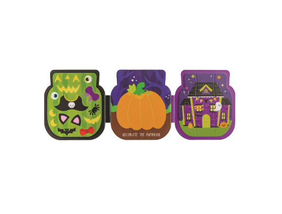 Three Halloween-themed jar-shaped puzzle boards on a plain white background. The left board is green with a monster face and the text 'Halloween'; the middle is orange and brown with a pumpkin illustration and the text 'Decorate the Pumpkin'; the right is purple with a haunted house and the text 'Happy Halloween'.