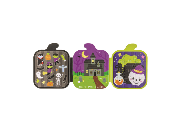 Three small square Halloween-themed pouches or containers shown side by side on a plain white background. The left one is dark gray with spooky illustrations like a pumpkin, witch, and skeleton.
