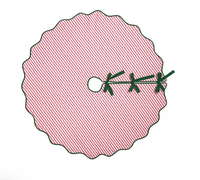 back side of mud pie tree skirt red and white stripes with green trim