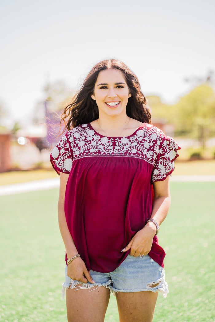 maroon and white aggieland top from layerz clothing 